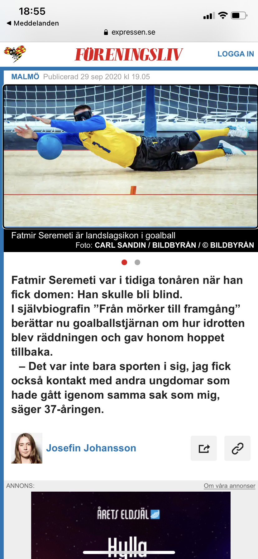 Skärmbild på artikel om boken Från mörker till framgång och Fatmir Seremeti i Expressen